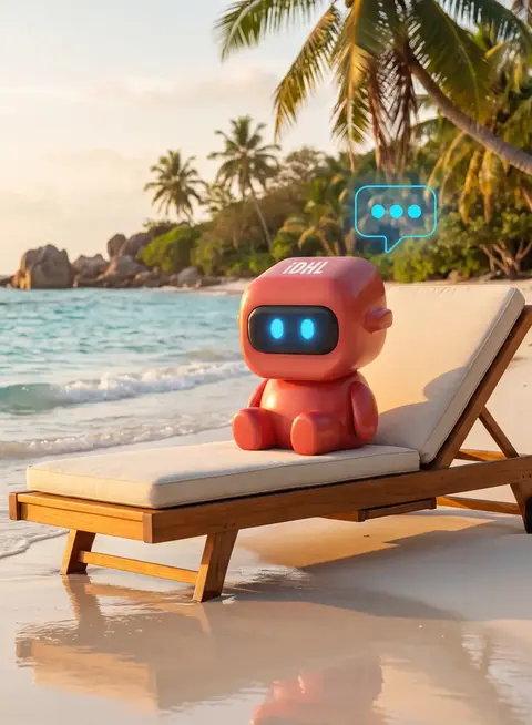 IDHL's orange State of AI Search AI bot sat on a sun bed on a sandy beach